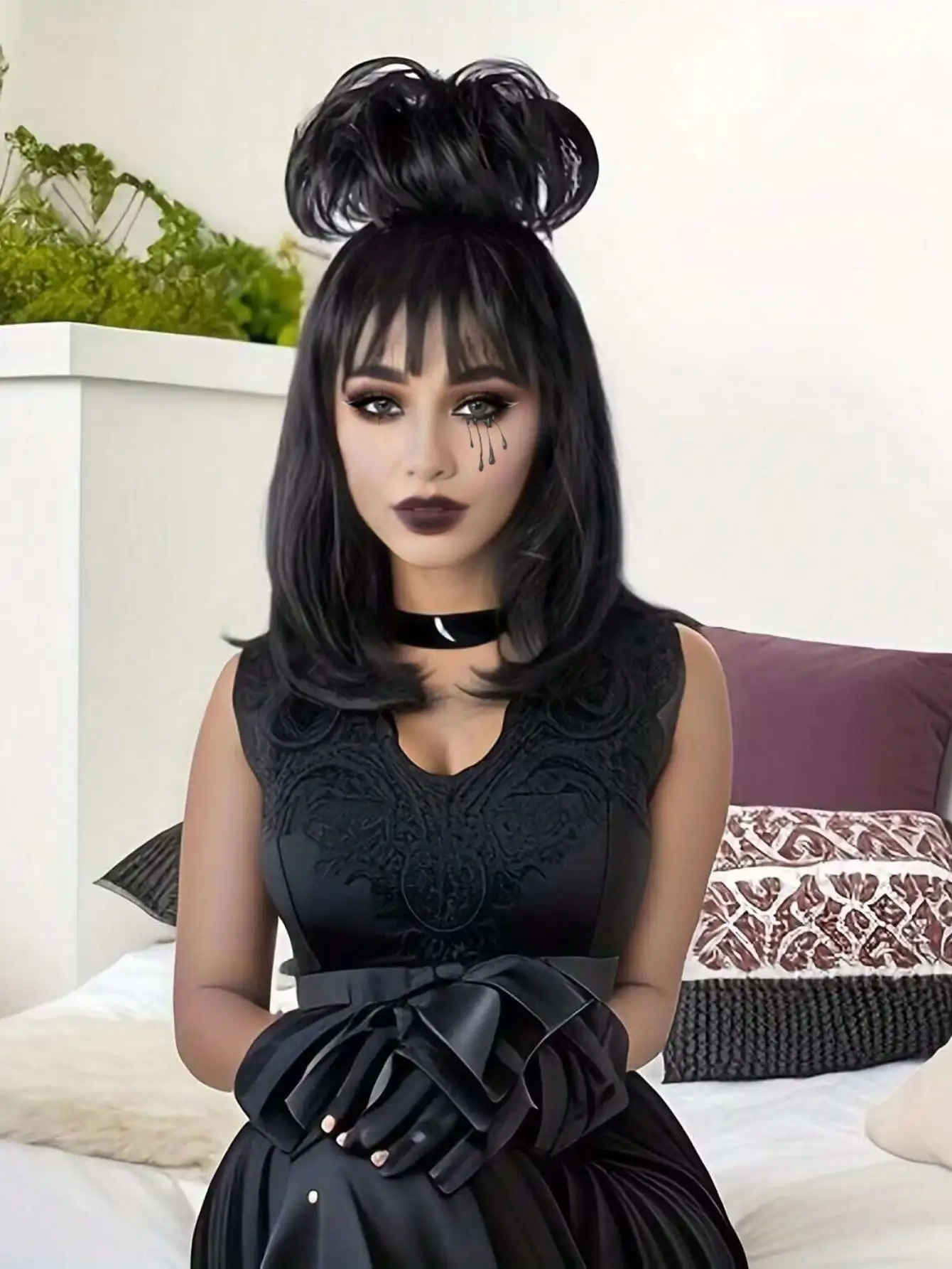 شعر مستعار Lydia Deetz تأثيري مع الكعك للنساء ، زي أسود ، شعر مستعار قوطي ، عروس ، بيتليجوس ، حفلة الهالوين