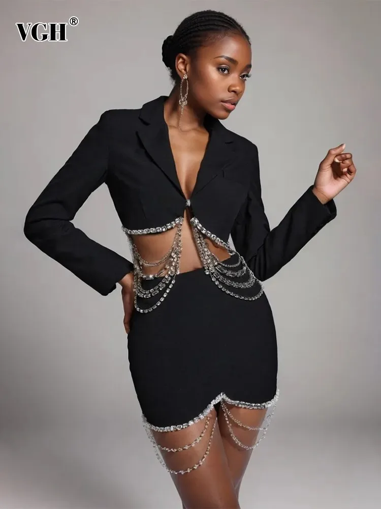 

VGH Spliced Diamonds Two Piece Set For Women Notched Collar Long Sleeve Blazer High Waist Bodycon Skirts Solid Sexy Sets Female