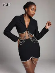 VGH Spliced Diamonds Two Piece Set For Women Notched Collar Long Sleeve Blazer High Waist Bodycon Skirts Solid Sexy Sets Female