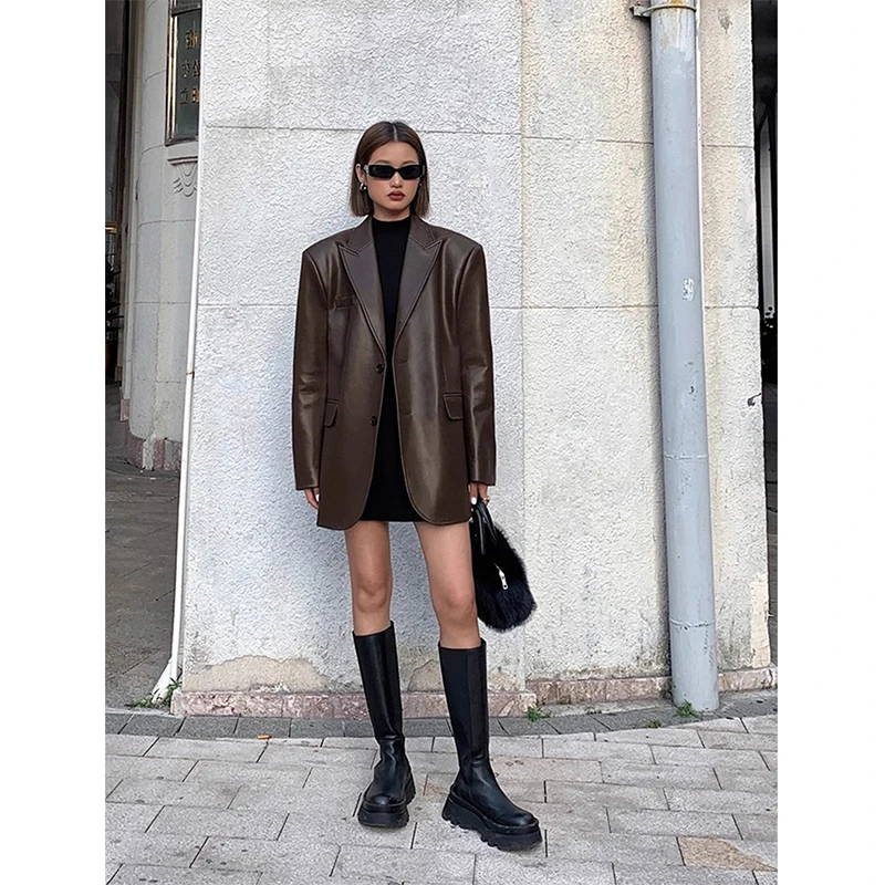 MEXZT Vintage Black Pu Leather Jacket Women Streetwear Oversized Motorcycle Coat Ladies Korean Blazer Fall Winter Chic Outerwear