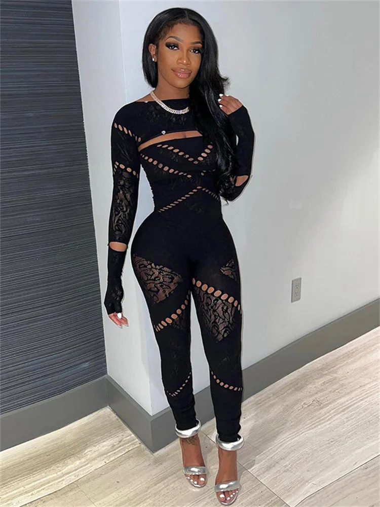 Summer Outfits Streetwear Jumpsuits Women Long Sleeve Bodycon Rompers Jumpsuit Skinny Blue Mesh See Though One-piece Overalls