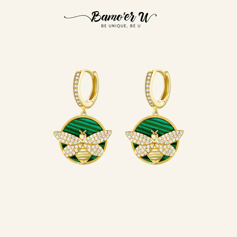 BAMOER U 925 Sterling Silver Lucky Bee Hoop Earrings, Plated In Gold Fashion Malachite Ear Jewelry