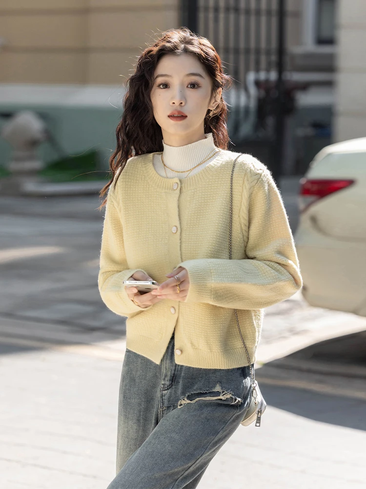 

Мягкий желтый вязаный свитер-кардиган для женщин, теплый, осенне-зимний, новинка, прямой крой, для повседневной носки, с длинными рукавами