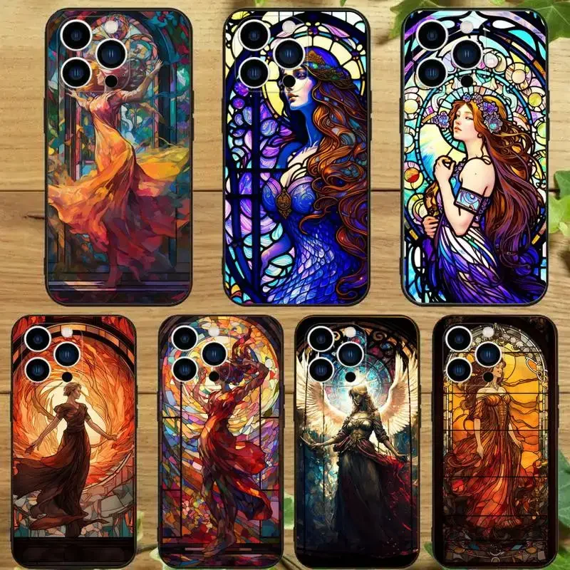 Woman Stained Glass Cathedral Phone Case For iPhone15,14,13,12,11Pro Max,Xs,Xr,X,7,8 Plus,12,13Mini Silicone Black Cover