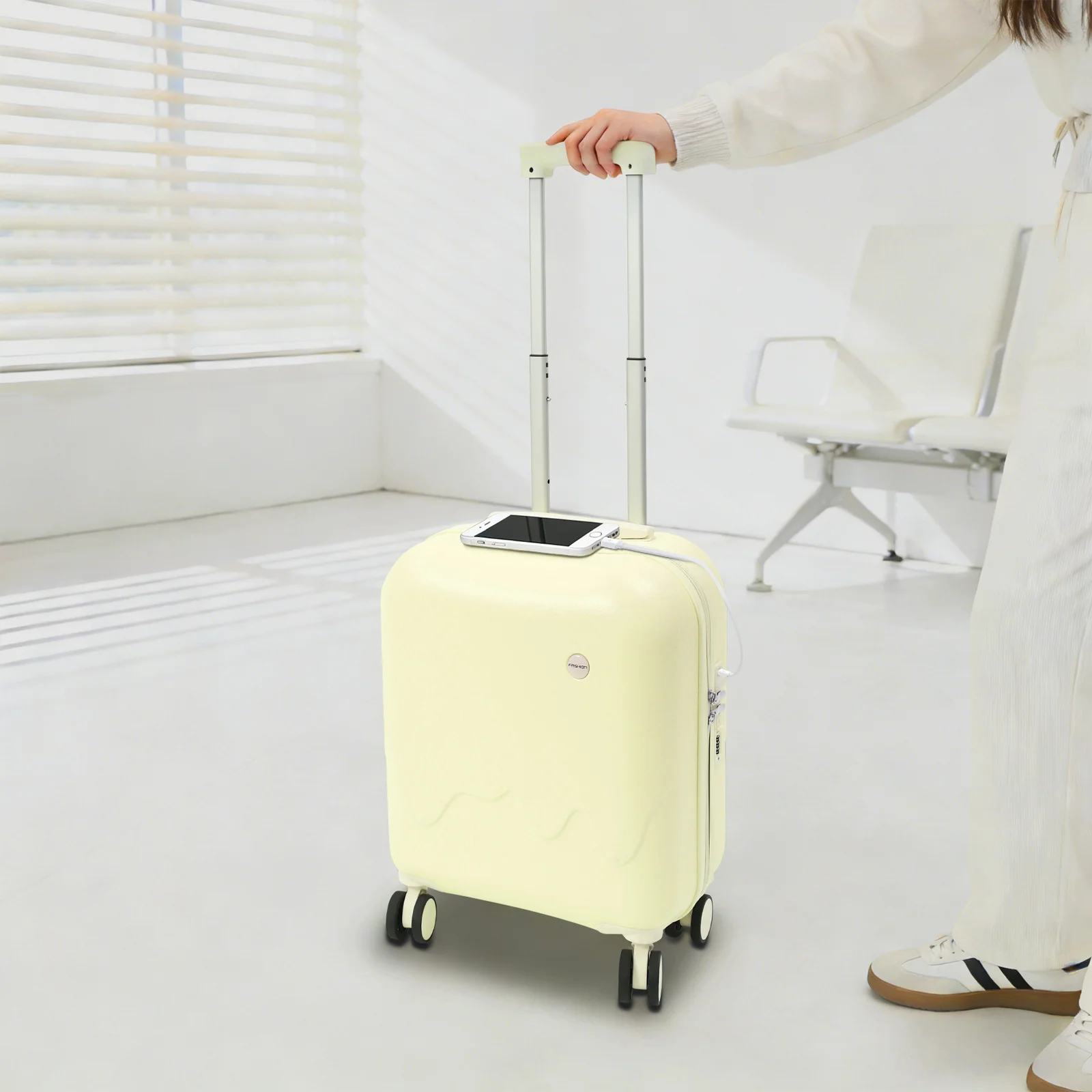 

Cream Yellow Modern Rectangular Hardside Rolling Carry On Luggage, ABS+PVC Portable Suitcase with Cup Holder & USB Charging Port, 4 Wheels & Pull Rod & Password Lock, for Travel Business Trip Vacation Students Professionals, 38*21*45cm