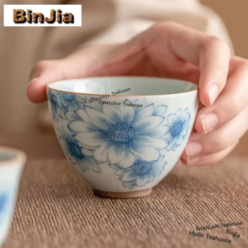 Retro Blue And White Sunny Flower Ceramic Teacup Single Reverse Master Cup Tea Pair Chinese Personal Tea Bowl Kung Fu Teaset