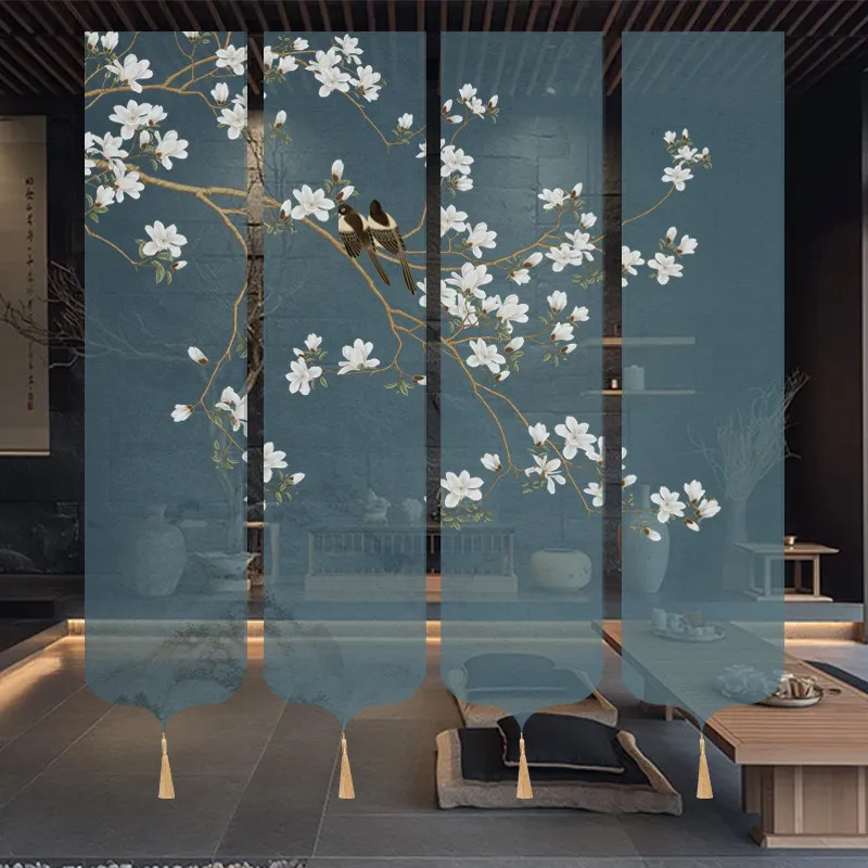  Chinese Gauze Hanging Divider | Magpie Bird Zen Curtain for Healing Space & Tea Room | Semi Transparent Soft Room Partition