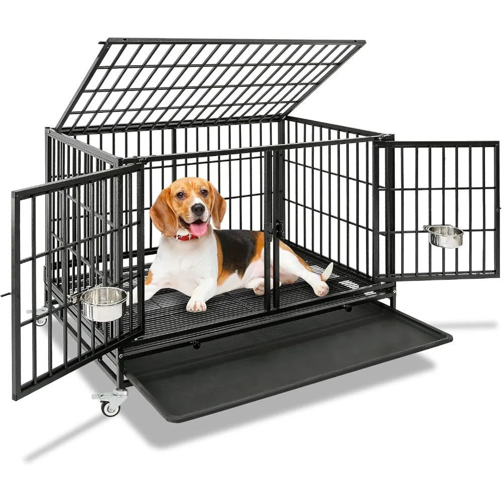 Caja mediana resistente para perros con tres puertas, divisor, rejilla extraíble y bandeja, adecuada para mascotas caseras de 43 pulgadas