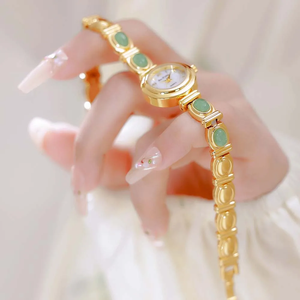 Vintage Women's Watches Fashion Naturally Jade Jewelry Bracelets High Quality Gold Wristwatch Retro Quartz Ladies Dress Watches