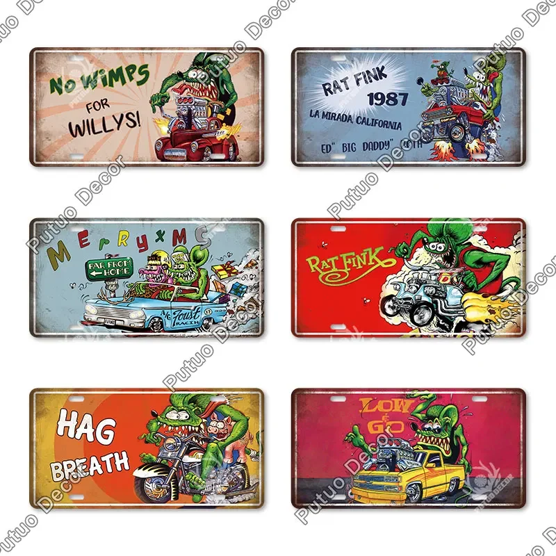 Putuo Decor Rat Fink Motorcycle Metal Sign Licenses Plate Plaque Metal Vintage Decoration for Man Cave Bar Pub Garage Wall Decor