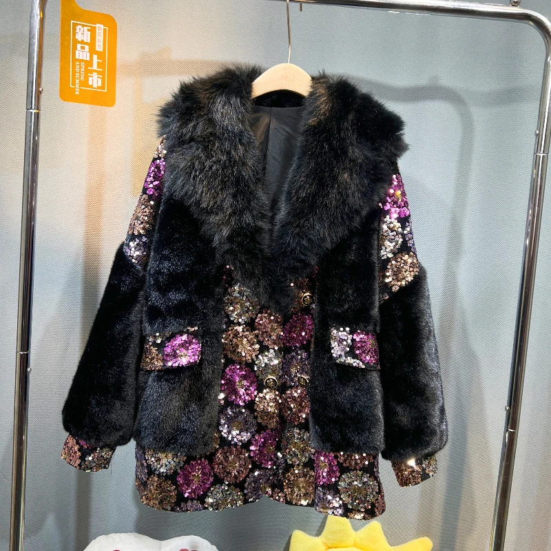 2024 New Winter Fashion Warm Top High-end Faux Fox Fur Heavy Industry Design Sequin Splicing Medium And Long Jacket Woolen Coat