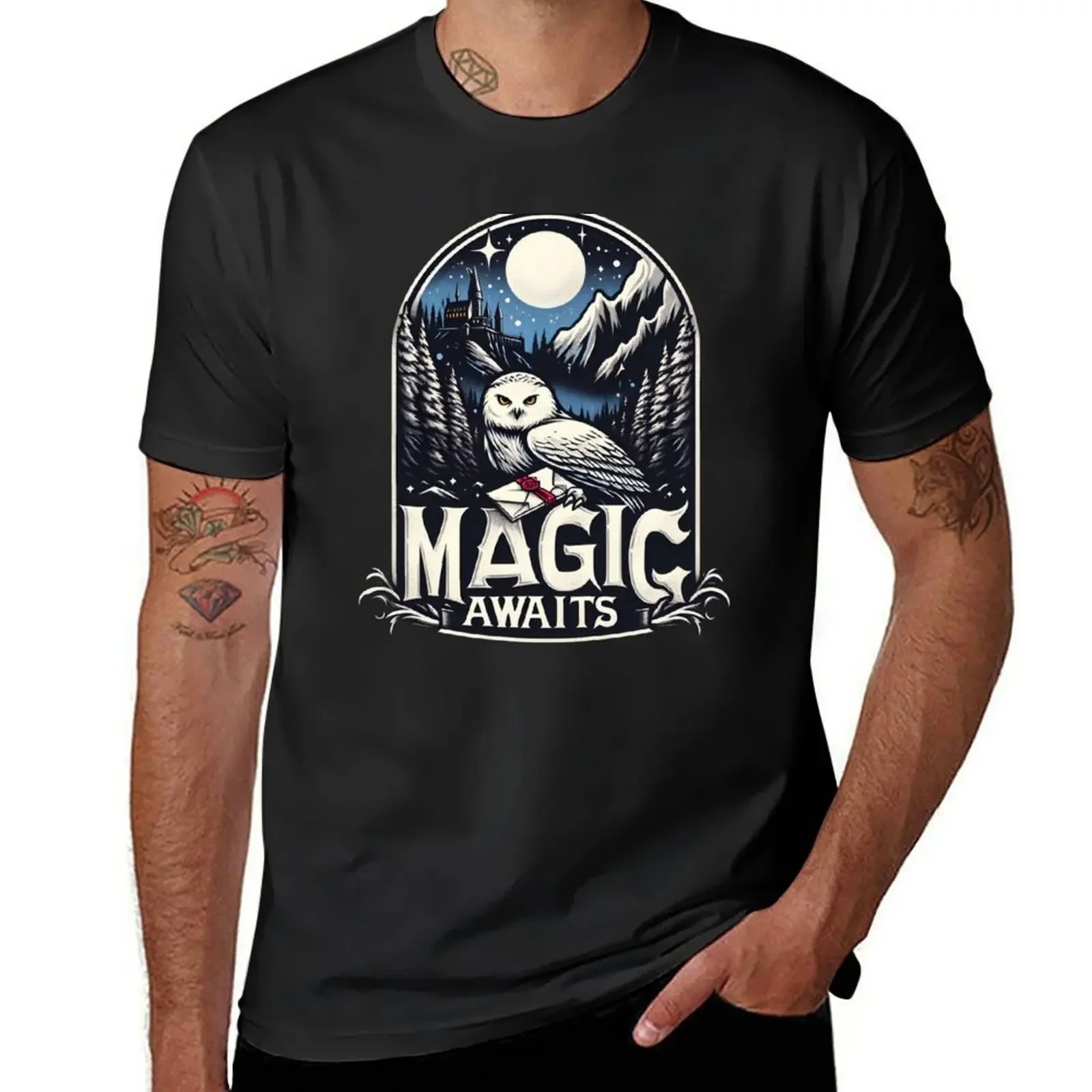 Magic Awaits - Snowy Owl with an Envelope in a Mystical Night - Fantasy T-Shirt graphic tee shirt t shirts for men