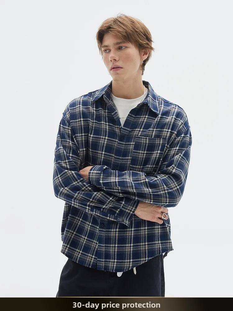 

Мужская рубашка в клетку с длинными рукавами в стиле ретро, ​​фланелевый воротник, осенняя свободная молодежная хлопковая рубашка в стиле кэжуал для пар