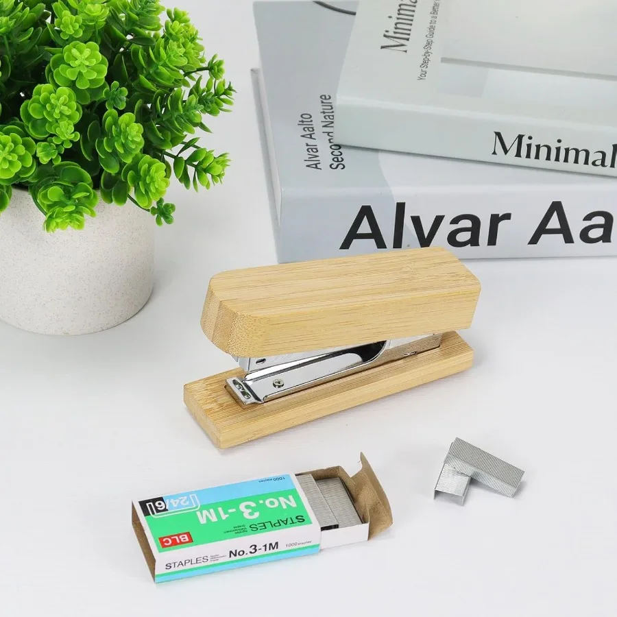 Bamboo Wood Stapler for Desk Heavy Duty 25 Sheet Capacity Vintage Wood Stapler with 1000 Staples Office Desktop Staple Desk Acc