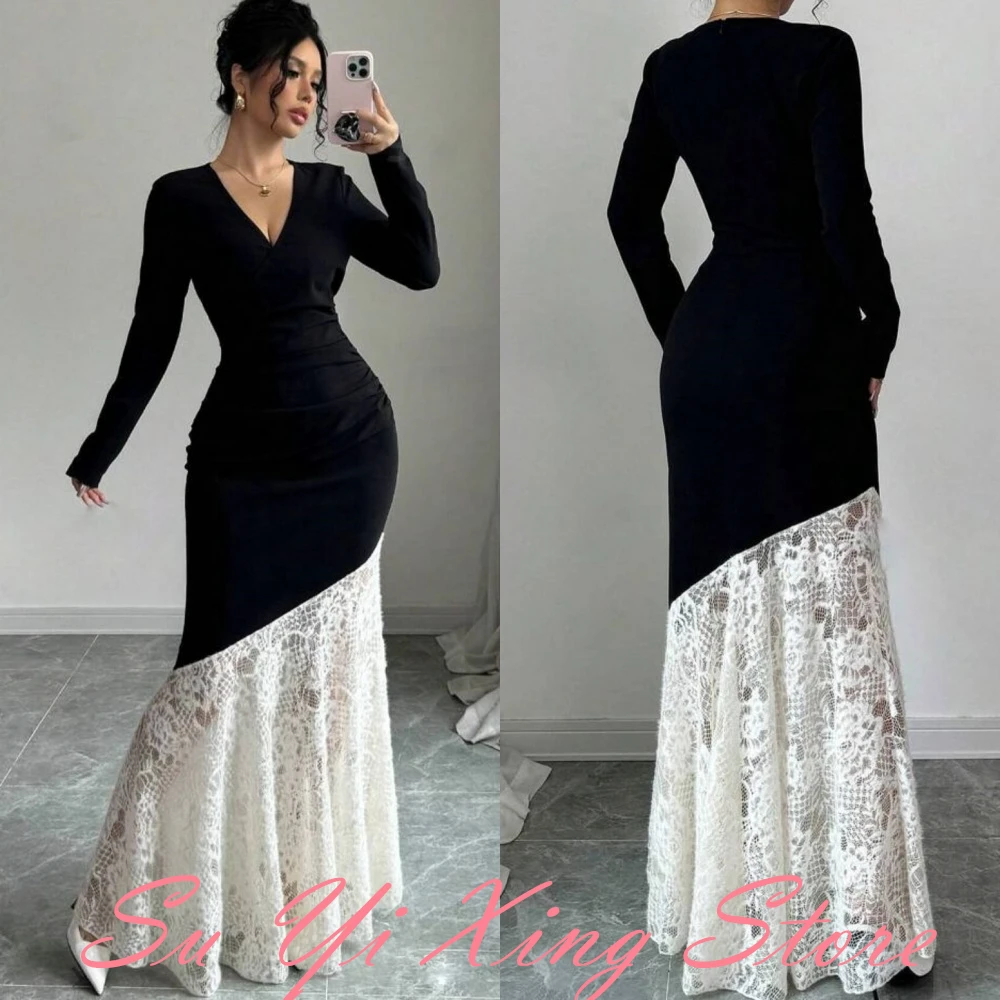 Customized  Temperament Lace Mermaid Evening Dress Delicate V-Neck Zipper Back Celebrity Gowns Fashion Long Sleeves Par