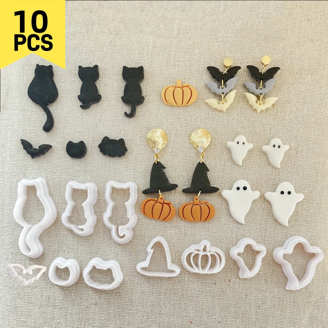 Seria Halloween 10-częściowy zestaw/duch/nietoperz/dynia/glina forma do cięcia do wycinarek z gliny polimerowej DIY kolczyki tworzenia biżuterii