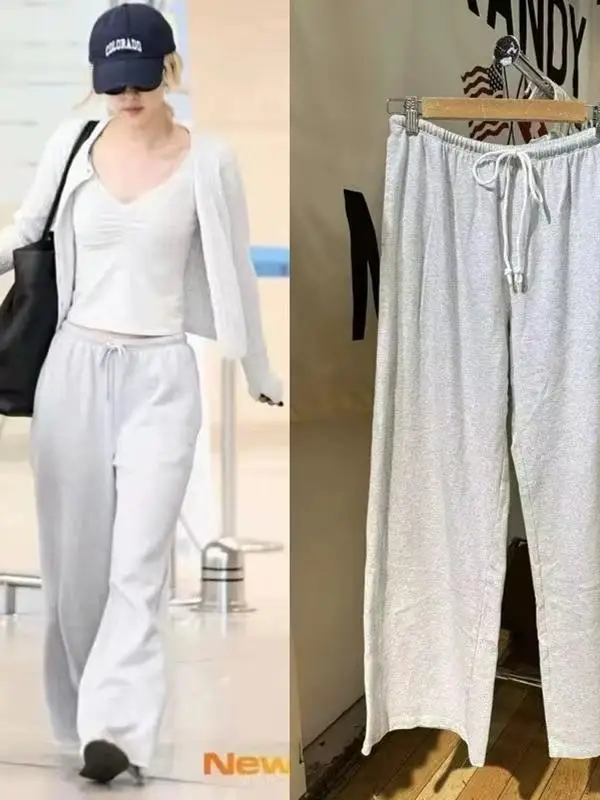 بنطلون نسائي واسع الساق بخصر مرتفع على الطراز الأمريكي، مصنوع من القطن الخالص مع حزام، تصميم فضفاض ومريح من براندي بي إم