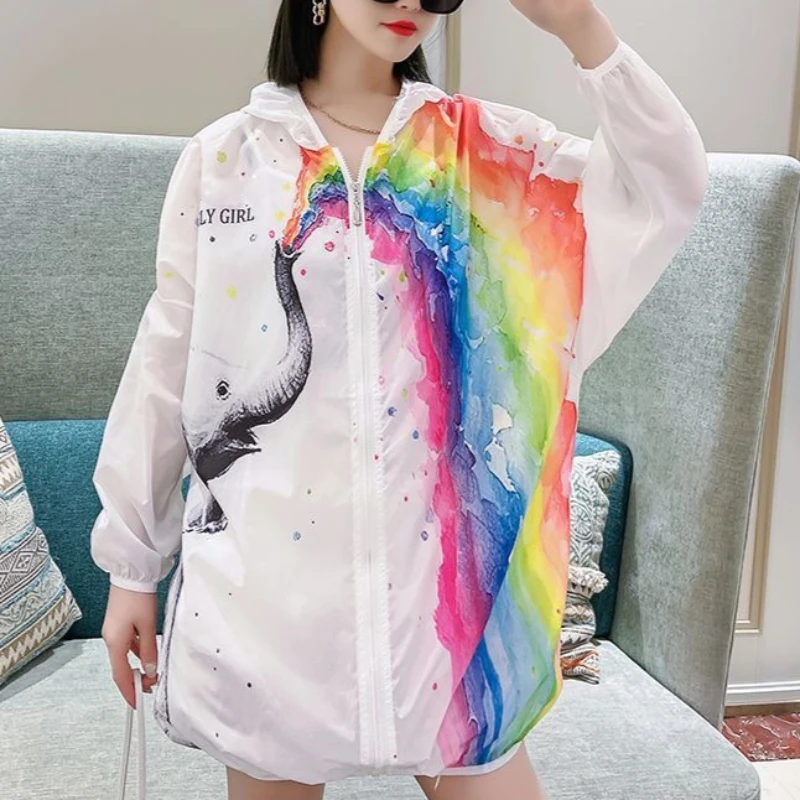 Y2K Pop Art Color Block Sun Protection Jacket Women Hooded Loose Fit Graphic Print Casual Daily Beach Vacation Outfit 2026 New