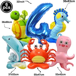 4th Birthday Sea Animal Decoration 32inch Blue Number Foil Balloon SelfStanding Turtle Seahorse Balloon Under Sea Birthday Decor