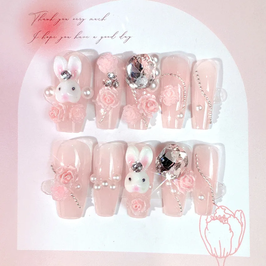 24PCS Fake Nails 3D Rabbit Star Rhinestone Designs White Blue Color Press on Nails Ballerina False Nails for Women DIY Manicure