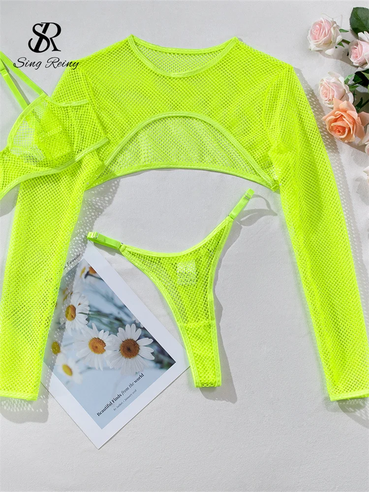 SINGREINY Mesh Porno Sexy Lingerie Sets Female Hollow Out Long Sleeve Tops+Mini Briefs Women Slim Short Sheer Underwear Suits