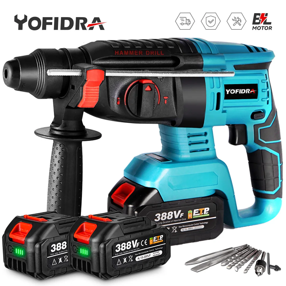 YOFIDRA 1680W Brushless Electric Hammer Impact Drill 26MM Cordless Woodworking  Impact Drill Power Tools For Makita 18V Battery