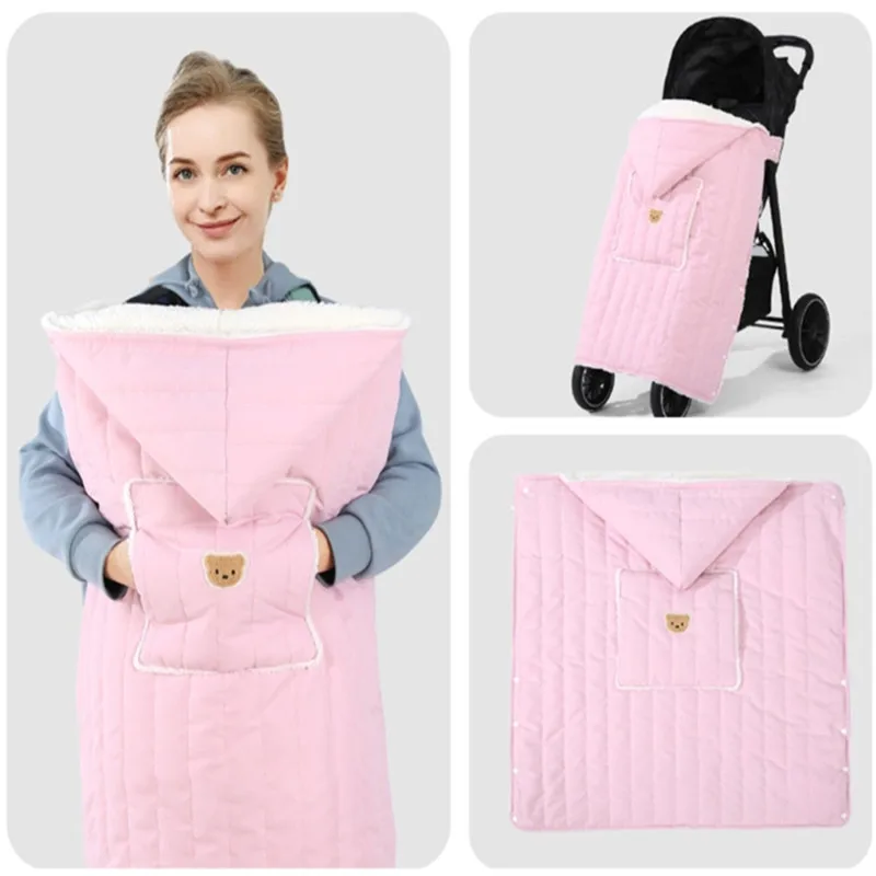 

Winter Thick Plush Baby Stroller Blanket Cover Windproof Warm Fleece Child Cart Blanket Cartoon Bear Hooded Stroller Cover Wrap