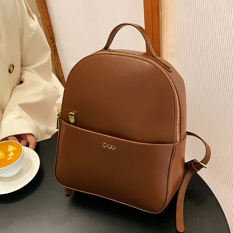 Fashion Extreme Simplicity Large Capacity Schoolbag Solid Color New Classic Vintage Backpack High-Grade Sense PU Leather Pack