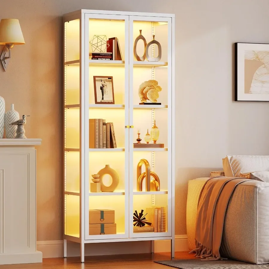 Glass display cabinet for retail use, tempered glass construction, black frame, 13-color LED lighting with remote control, 67 H