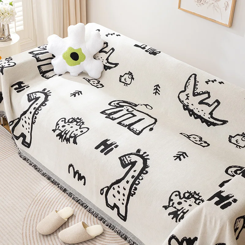 Cartoon Printed Sofa Cover Chenille Sofa Towel Tassel Blanket Couch Cover Universal Anti-cat Scratch Sofa Cover for Living Room