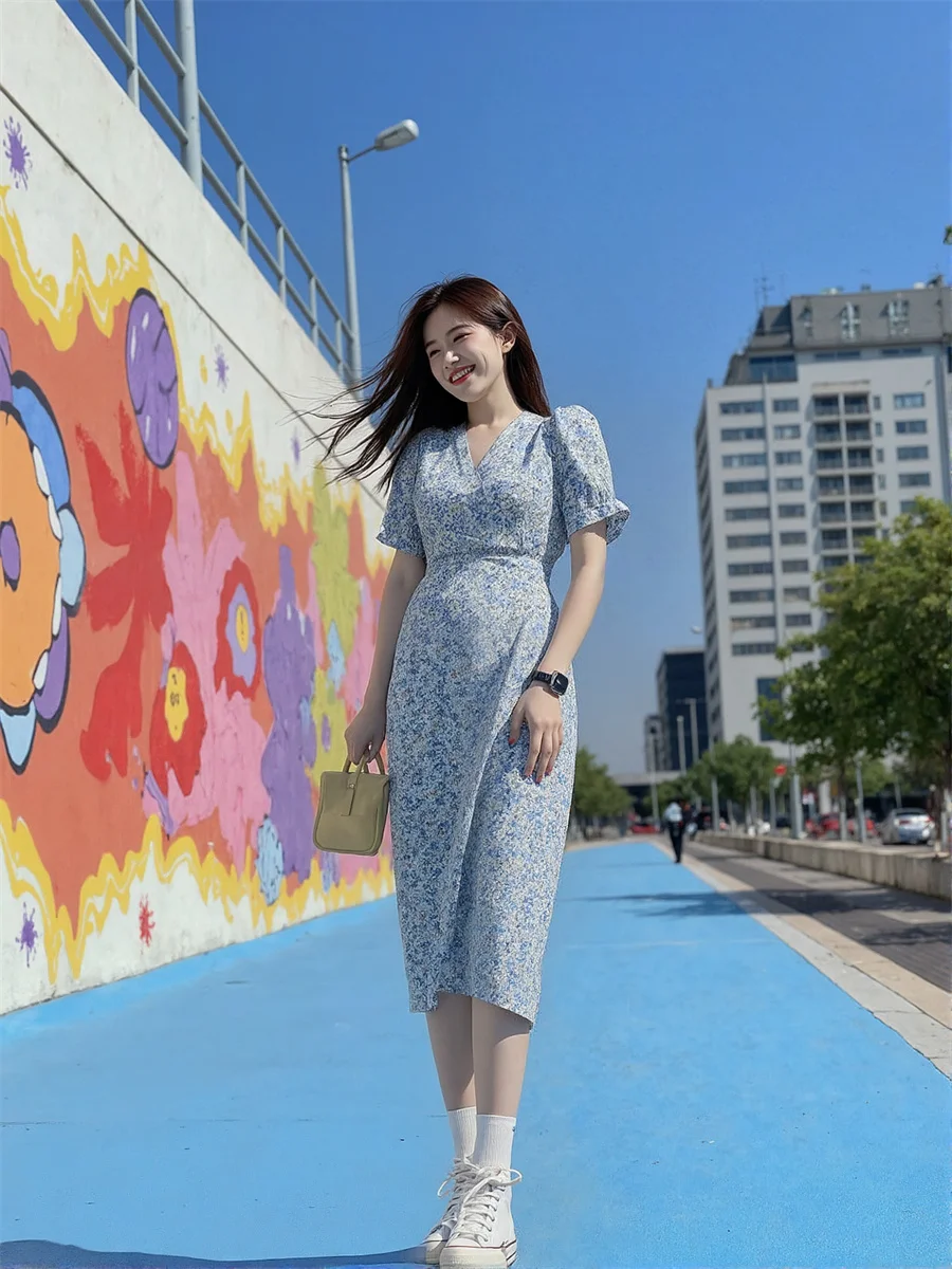 Vestidos Florais com Mangas Curtas Puff, Vestido Bonito e Elegante para Mulheres, Primavera, Corte Slim, Graduação, Com Detalhes em Camadas