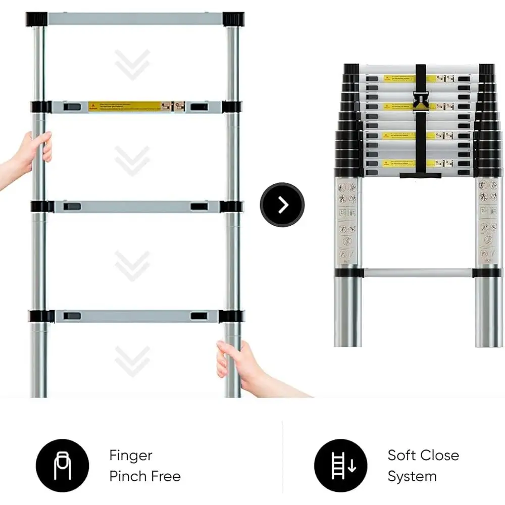 12.5FT Aluminum Telescoping Ladder Folding Design with Detachable Hooks Adjustable Height Smart Locking Mechanism Storage