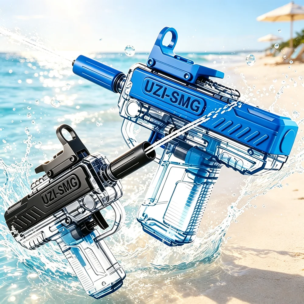 Portable Mini UZI Shape Water Gun Manual Press Water Toy Transparent Water Squirt Gun for Boys Girls Outdoor Beach Pool Party