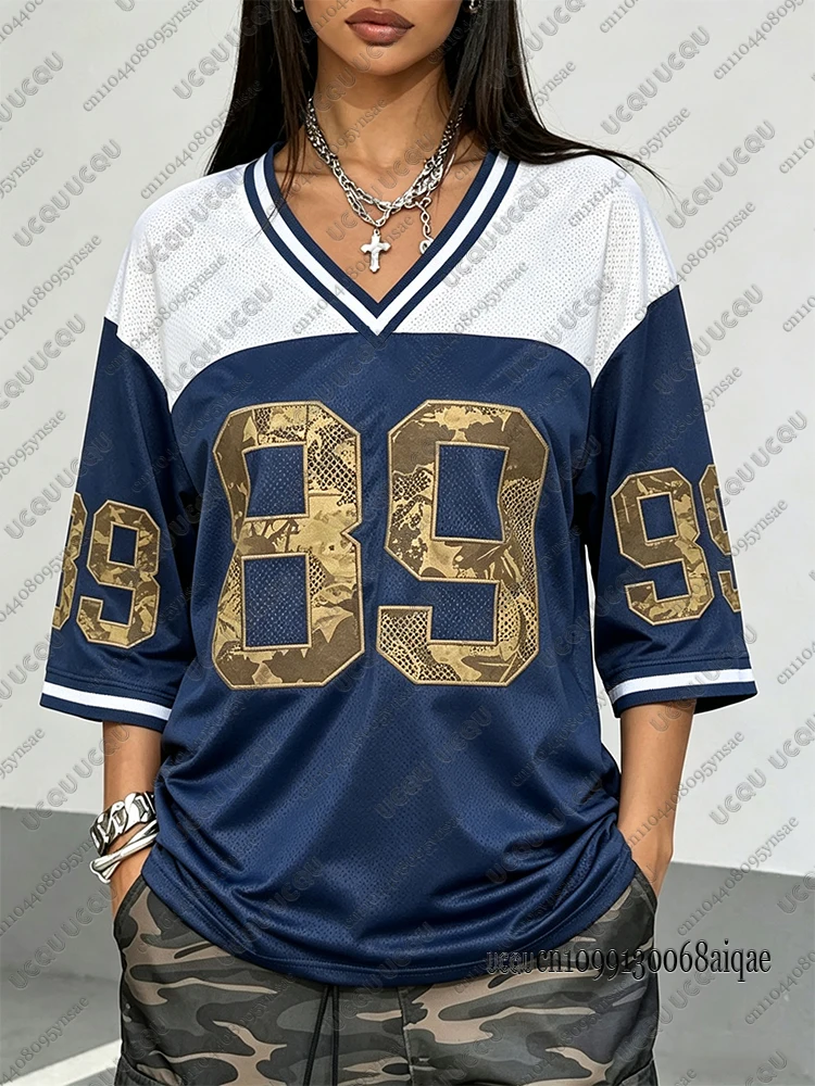 2026 Summer New Retro No.89 Printed T-Shirt For Women V-Neck Short Sleeve Sports Football Jersey Y2K Loose Oversized Tops