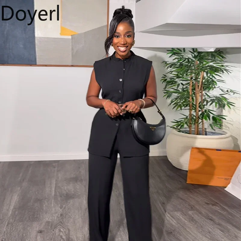 Elegant Work Wear Two Piece Set Women Sleeveless Single-breasted Top and Straight Pants Suit Matching Sets Casual Outfits Summer
