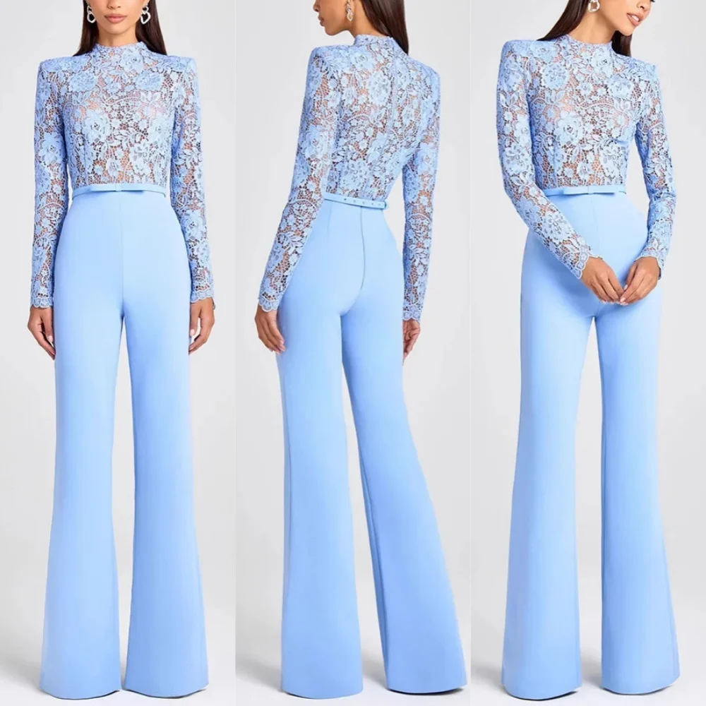 

Long Sleeve Flare Pants Simple Jumpsuits, Women Autumn Hollow Out Fashion Playsuits, Sashes Patchwork Elegant Ladies Bodysuits