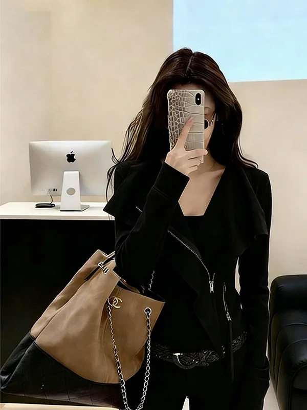 

Fashionable Short Tailored Jacket Women's Slim Fit Collar Coat New Arrival Commute Style Zipper Splice Pure Color Chinese Made