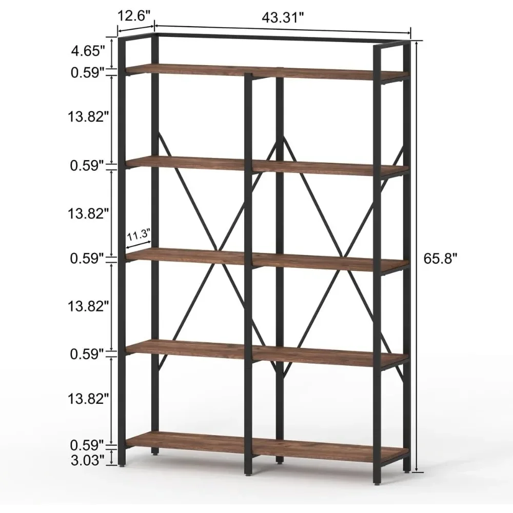 Tall Wood Metal Shelving Unit for Living Room Bookcase 5 Tier Heavy Duty Open Bookcase Bookshelf Farmhouse Large Book Shelves