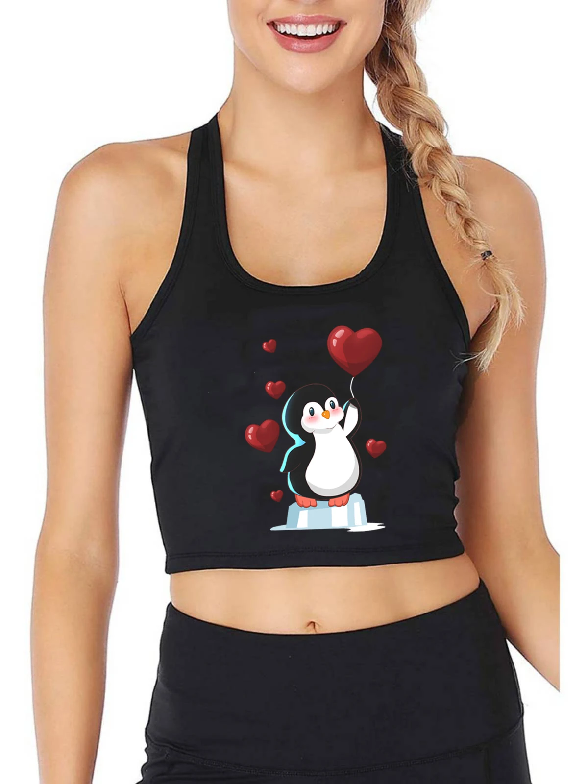 The Penguin On The Iceberg Holds The Heart-shaped Balloon Graphics Crop Top Girl's Sexy Cute Slim Fit Tank Tops Fitness Camisole