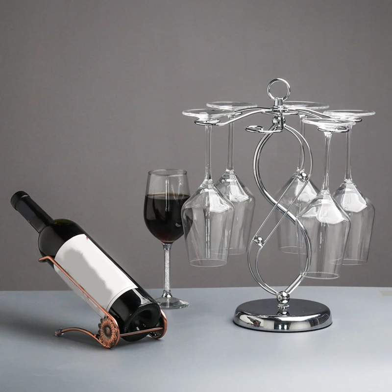 

Wine Glass Holder With Scrollwork Design, Freestanding Tabletop Stemware Storage Rack With 6 Hooks