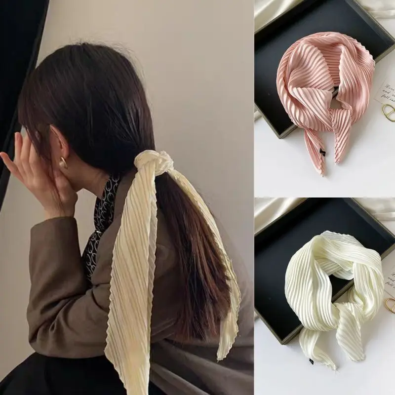 Pleated Silk Satin Scarves Elegant Hair Scarf For Women Square Headscarf Office Lady Crinkled Neckerchief Hairband Decor Bandana