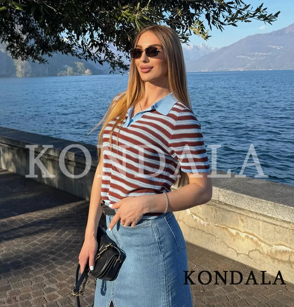 KONDALA Elegant Casual Knitted Polo Shirts Women Trendy Vacation Stripe Short Sleeve Tops 2026 Spring Summer Fashion Ladies Tops
