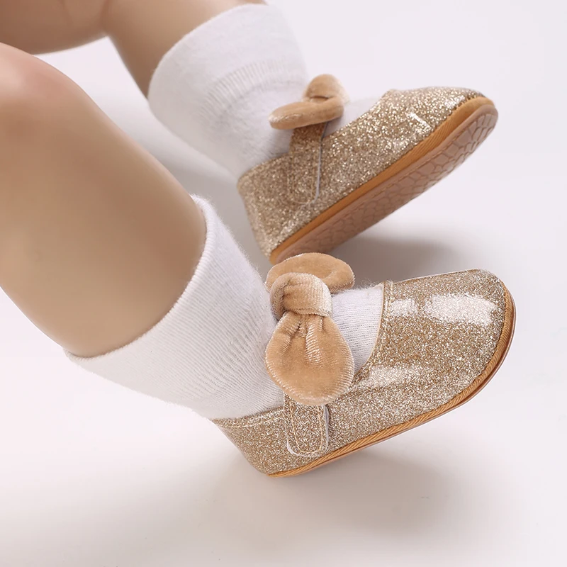 Baby Girls Premium PU Flats with Bowknot Princess Wedding Dress Shoes Non-Slip Toddler First Walkers Newborn Crib Shoes