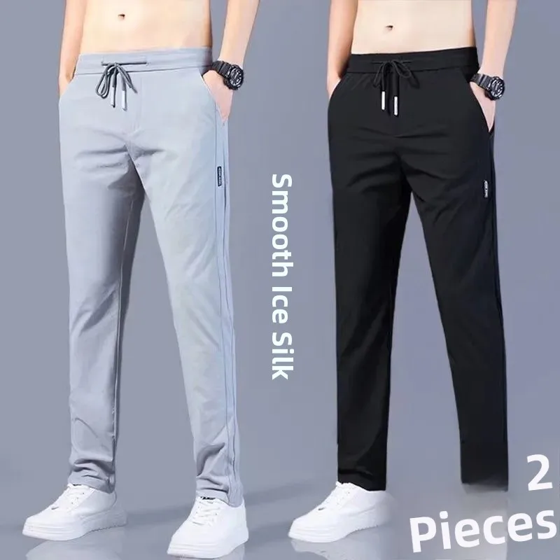 Ice Silk Men's Loose Straight Leg Pants Summer Thin Casual Air Conditioning Long Trousers Low Waist Youth Fashion Low Elasticity