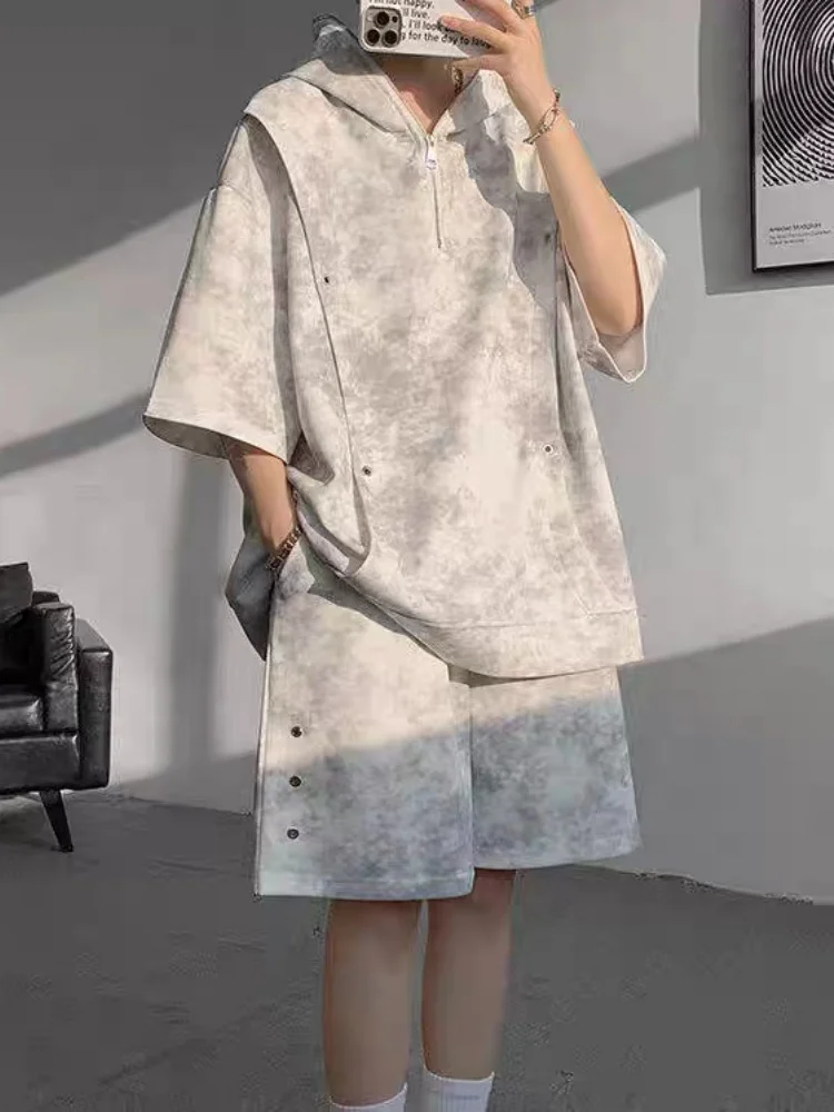 Men's Short Sleeve Shorts Two Piece Set 2025 Summer New Tie Dye Color Block Set Versatile Plus Size Half Zip Two Piece Outfit