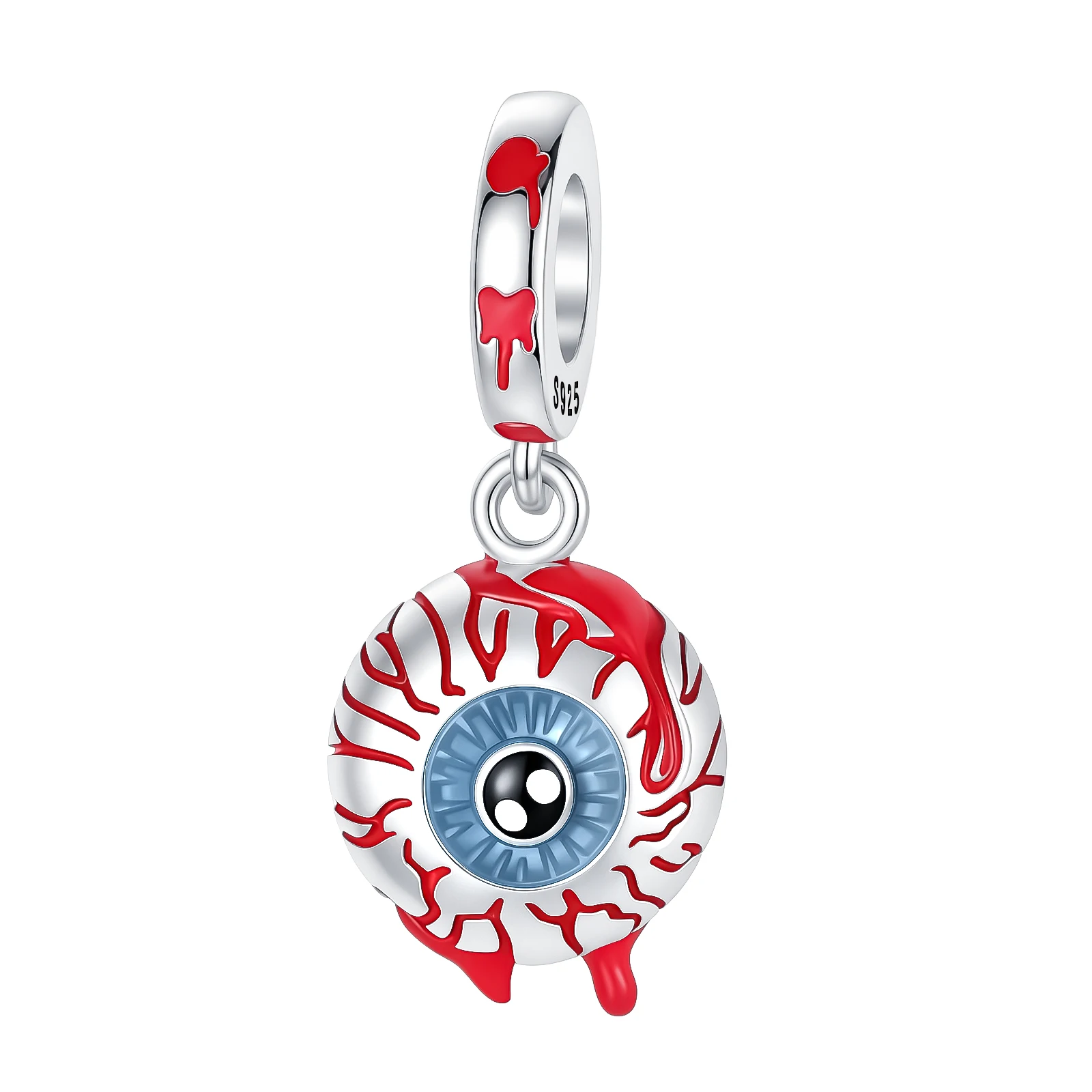 925 Sterling Silver Spooky Bloody Eyeball Dangle Charm Bead Red Blood Enamel Halloween Gothic Pendant Fit Bracelet Jewelry Gift