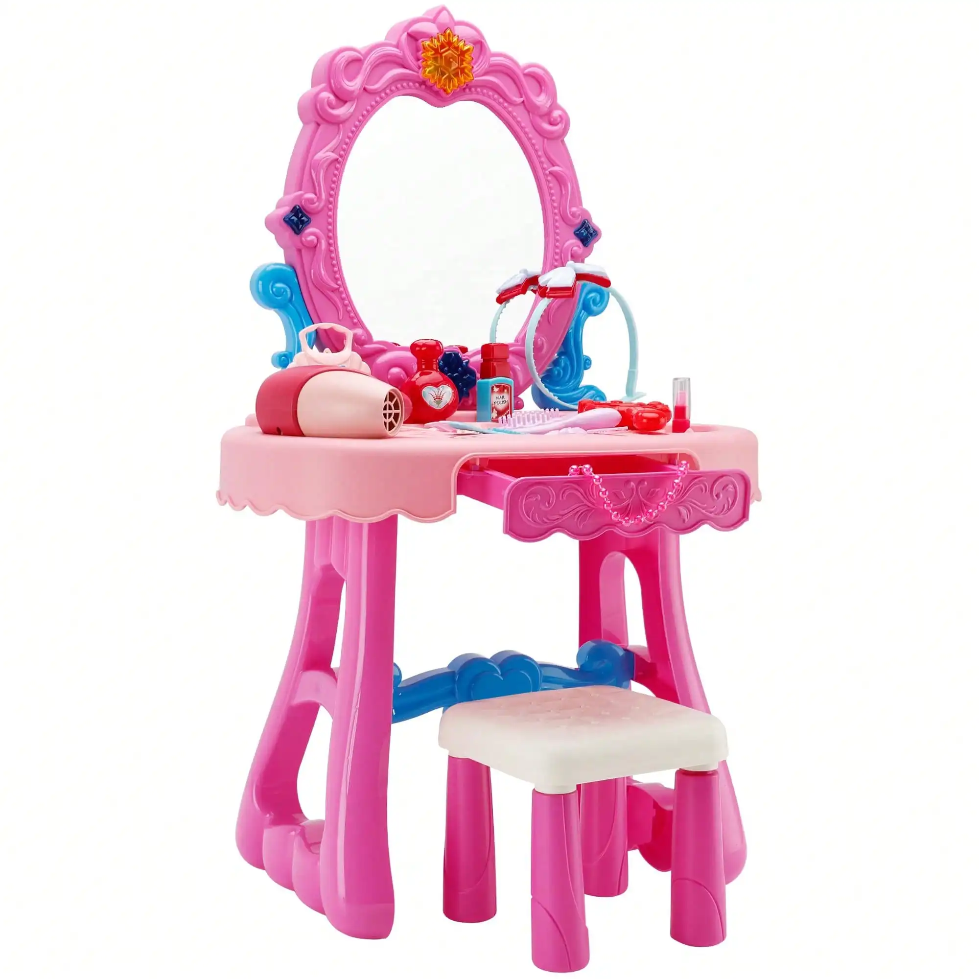 Kids Makeup Vanity Set With Mirror, Stool & Accessories – Light & Music Features, Blow Dryer, Pretend Play Toy For Girls 3+, Perfect Birthday Gift For Little Princesses
