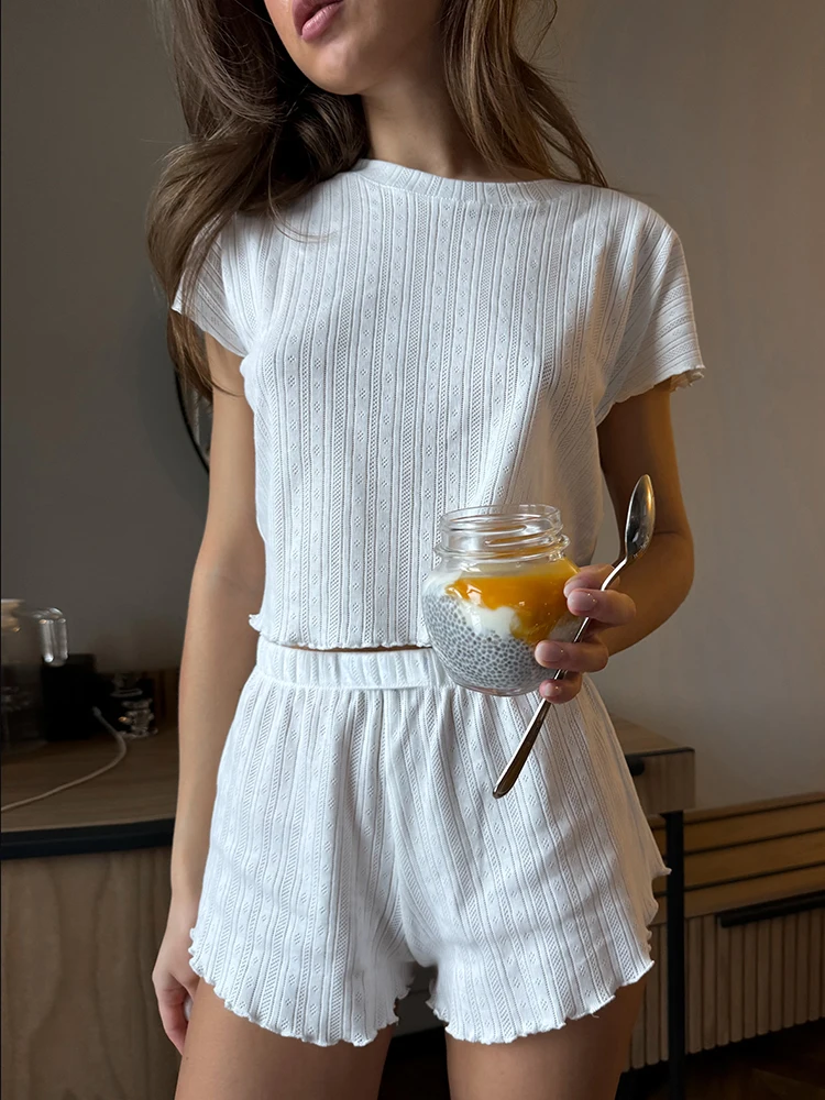 Hiloc White Women\'s Home Clothes 2 Piece Knitted Sets Print Long Sleeve Sleepwear Female Slim Suits 2024 Summer Nightwear Outfit