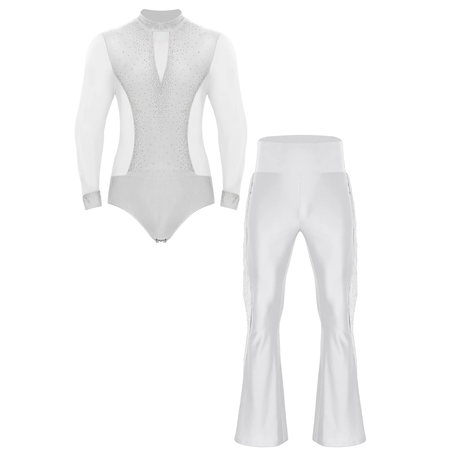 

Men Ballet Latin Dance Outfits Jazz Sets Long Sleeve Mesh Spliced Rhinestone Leotard Bodysuit and High Waist Tassel Flared Pants