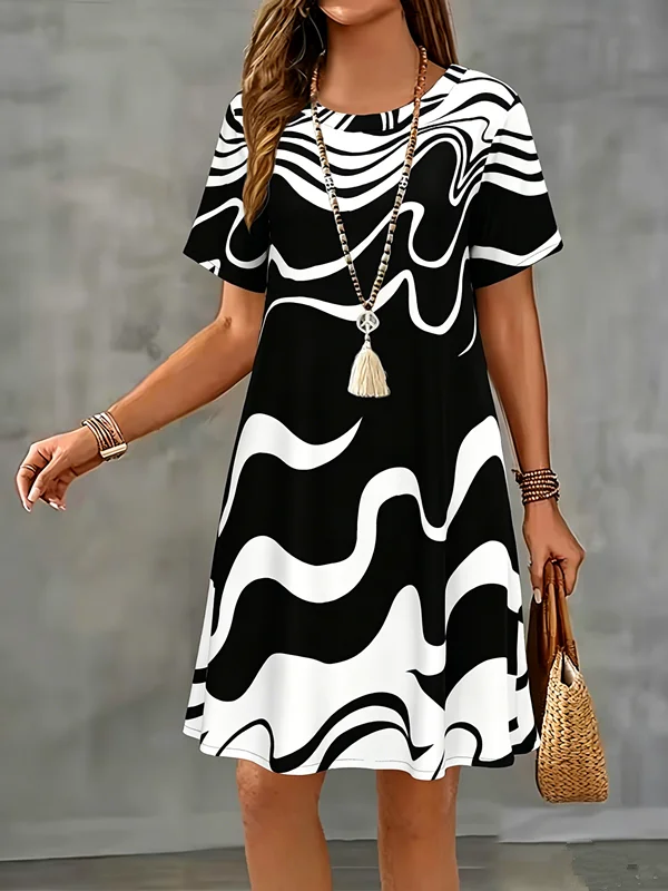 2026 New Summer Women Dress Black White Striped Print Short Sleeve O-Neck  A-Line Dress Casual Loose Beach Sundress